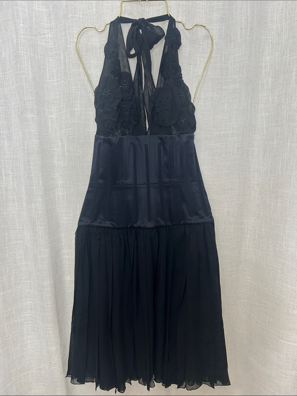 Josef Statkus Black Silk Appliqué Halter Corset Midi Dress Size 6
NWT